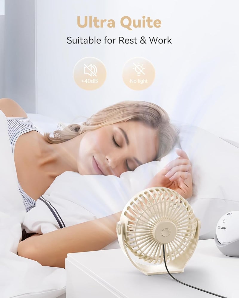 Edvision USB Desk Fan, 5 Inch Mini Portable, 3 Speeds Strong Airflow Personal Desktop, Detachable Cooling Fan 360° Rotation Quiet Small Fan for Desk Home Office Travel Car, Beige, 5ft Cable - Image 5